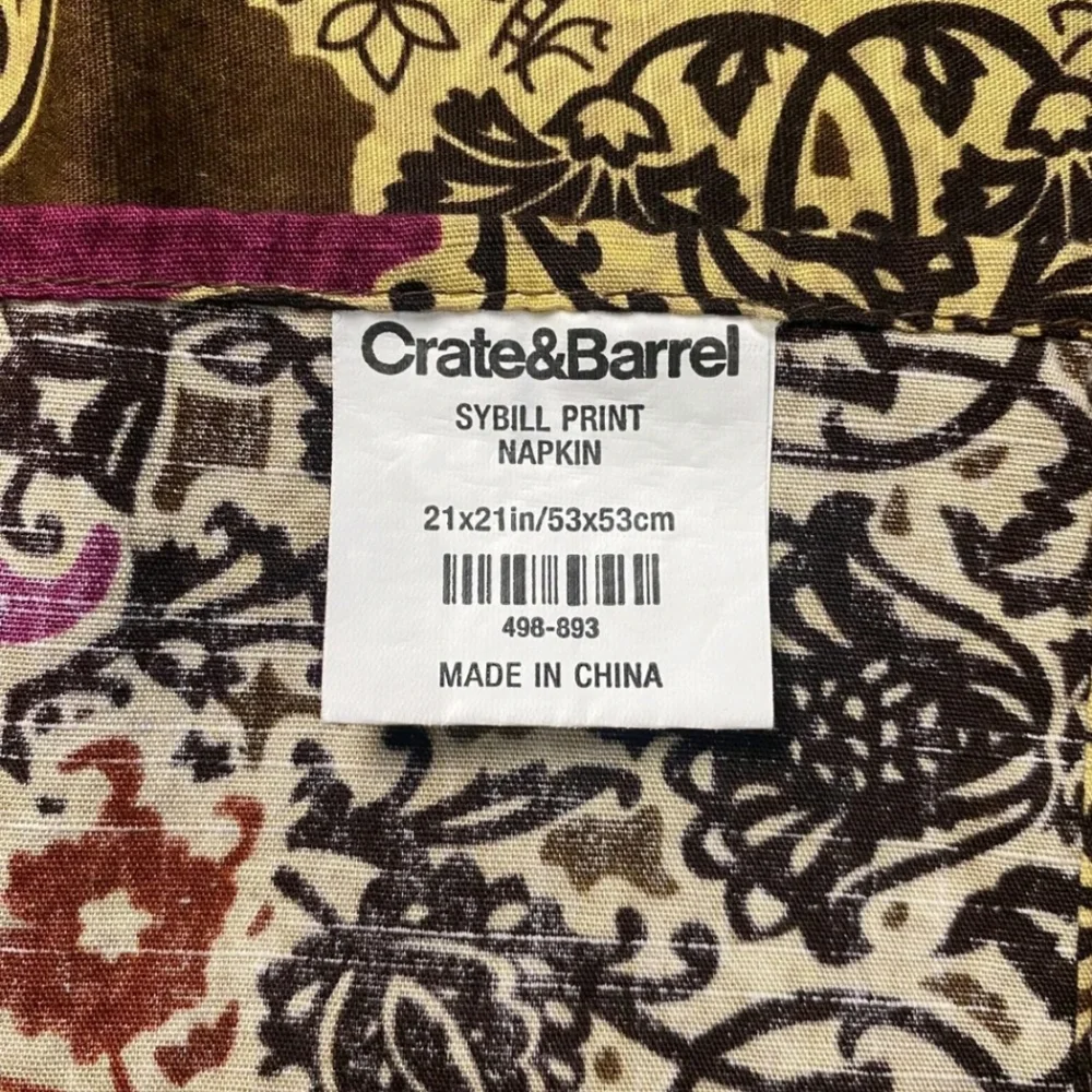 Crate and Barrel Sybill Print  Burgundy Tan Plum Black Napkins Set Of 8 21